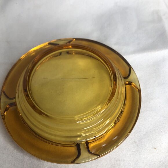 Vintage Amber Ashtray 4.5" Round Sun Yellow Heavy Thick Cut Glass - Picture 6 of 12